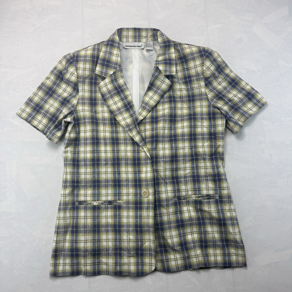 Vintage Plaid Linen Blend Blazer Women 12 Short Sleeve Summer